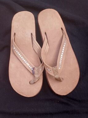 Rainbow Tan Flip Flop Sandals with Swarovski Rhinestone Straps